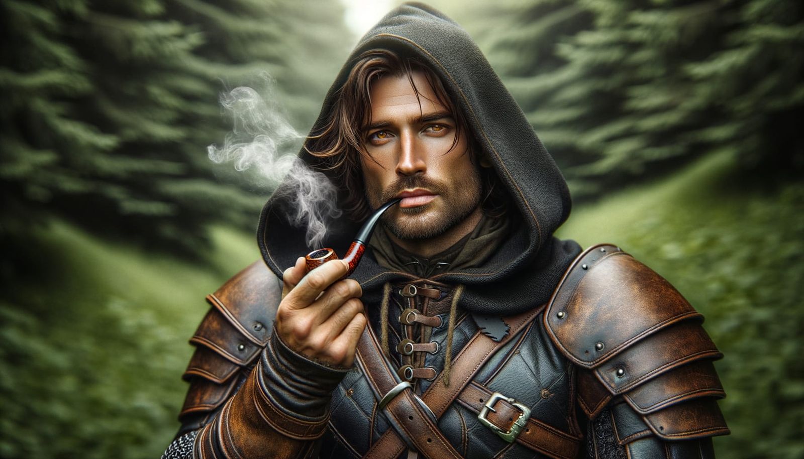 Rugged Ranger Smoking Pipe in Lush Forest: Hyper-Realistic