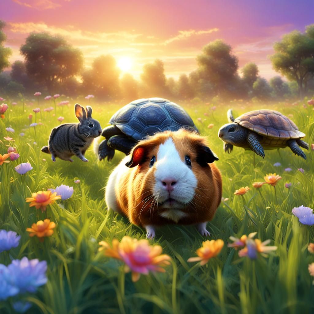 Animals in Meadow at Sunrise: Hyperrealism Synthwave