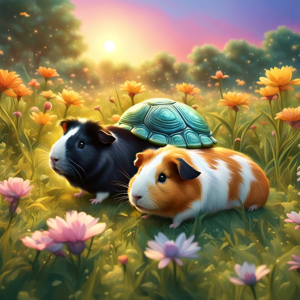 Animals in Meadow at Sunrise, Synthwave Art