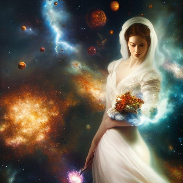 Statue Cradling Universe: Surreal Colorful Oil Painting