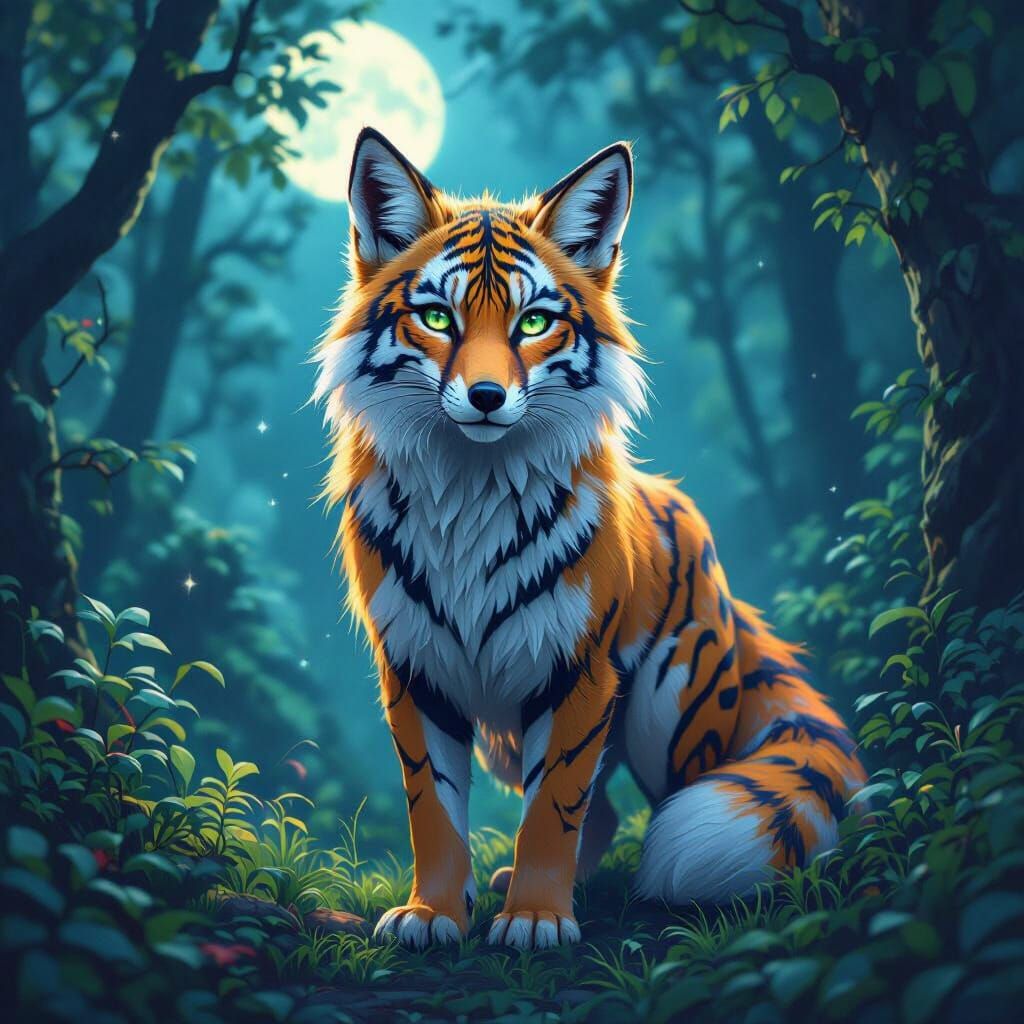 Mystical Tiger-Fox in Moonlit Forest