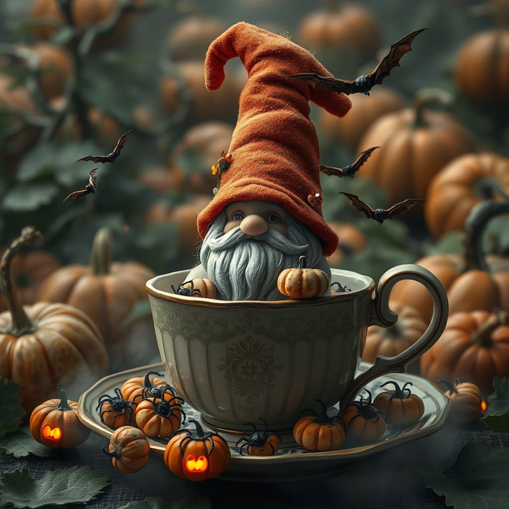Gnome in Teacup with Glowing Pumpkins