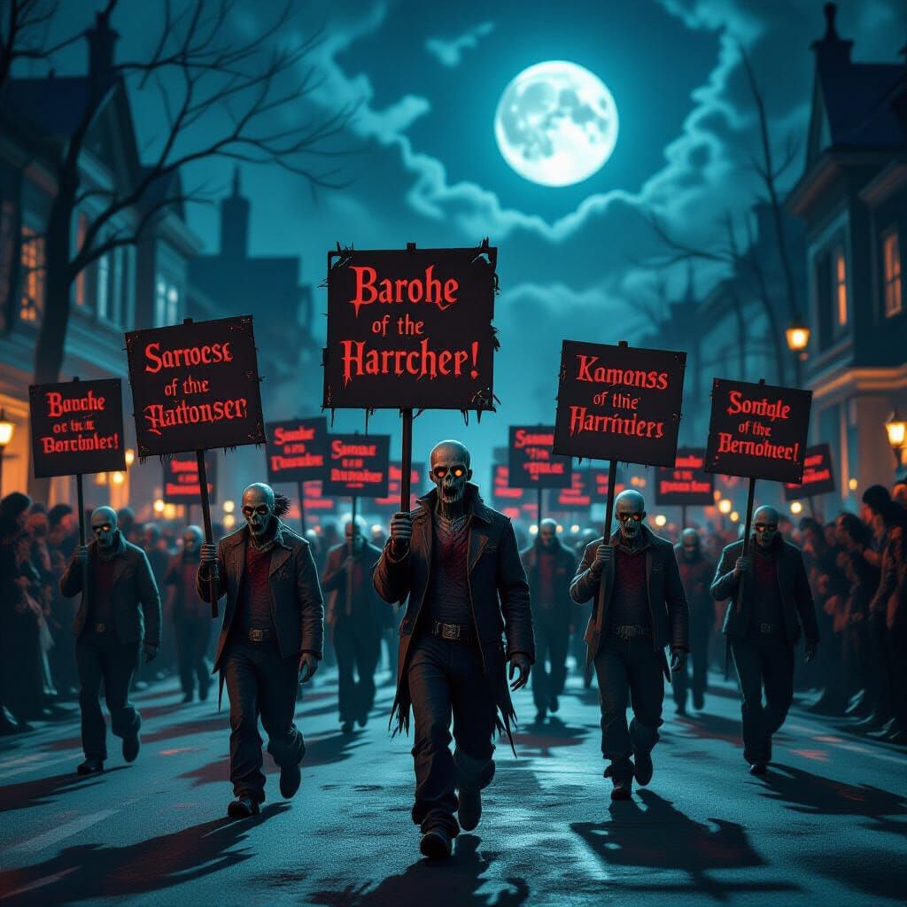 Zombies March in Macabre Parade Under Eerie Moonlight