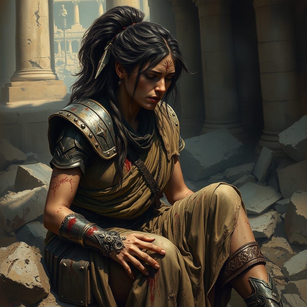 Ancient Greek Warrior Woman in Ruins, Hyperrealistic