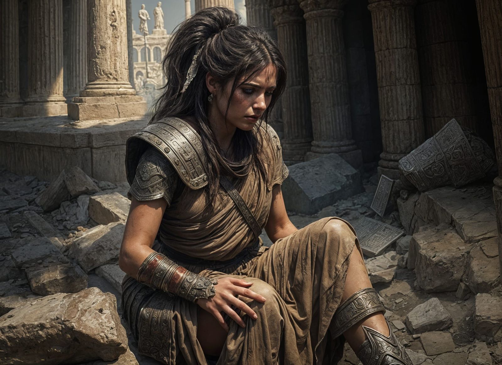 Exhausted Greek Warrior Woman After Battle