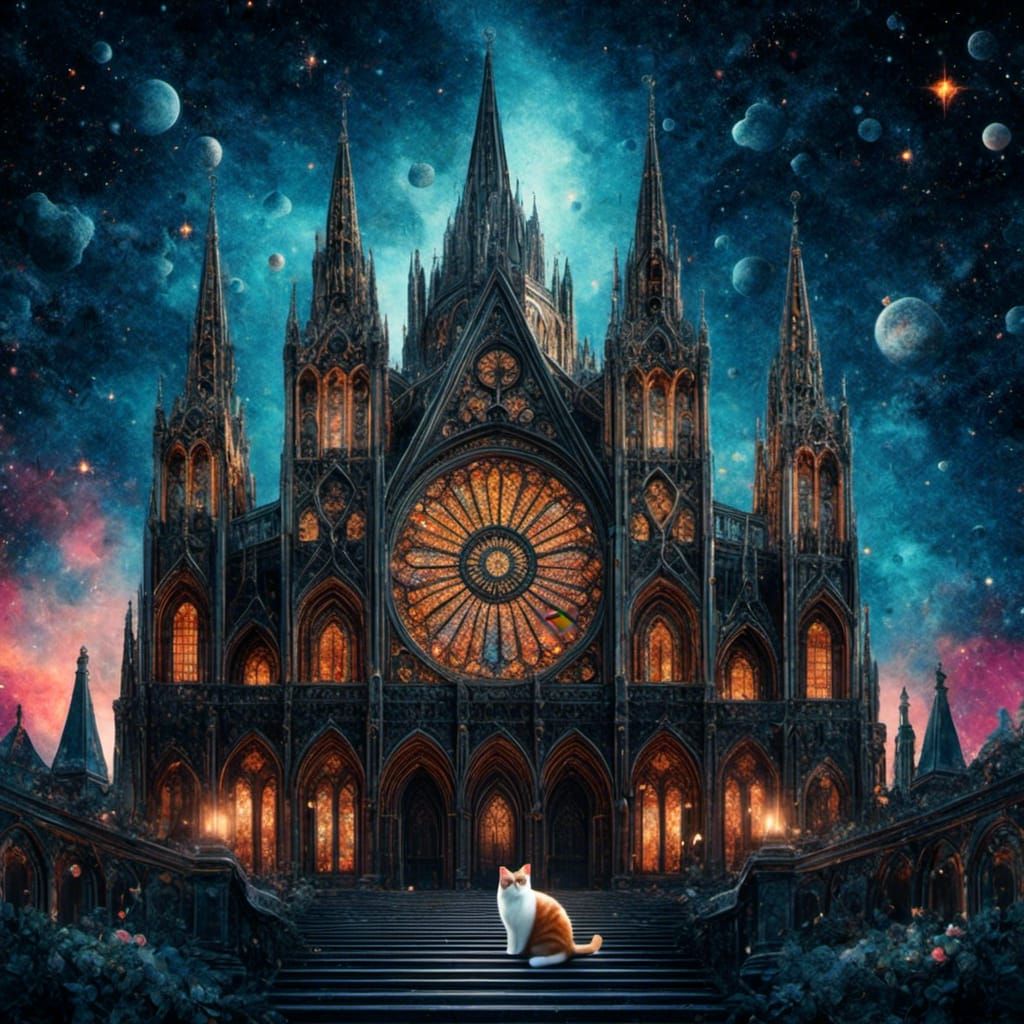 Gothic Cat Cathedral in Mixed Media Collage