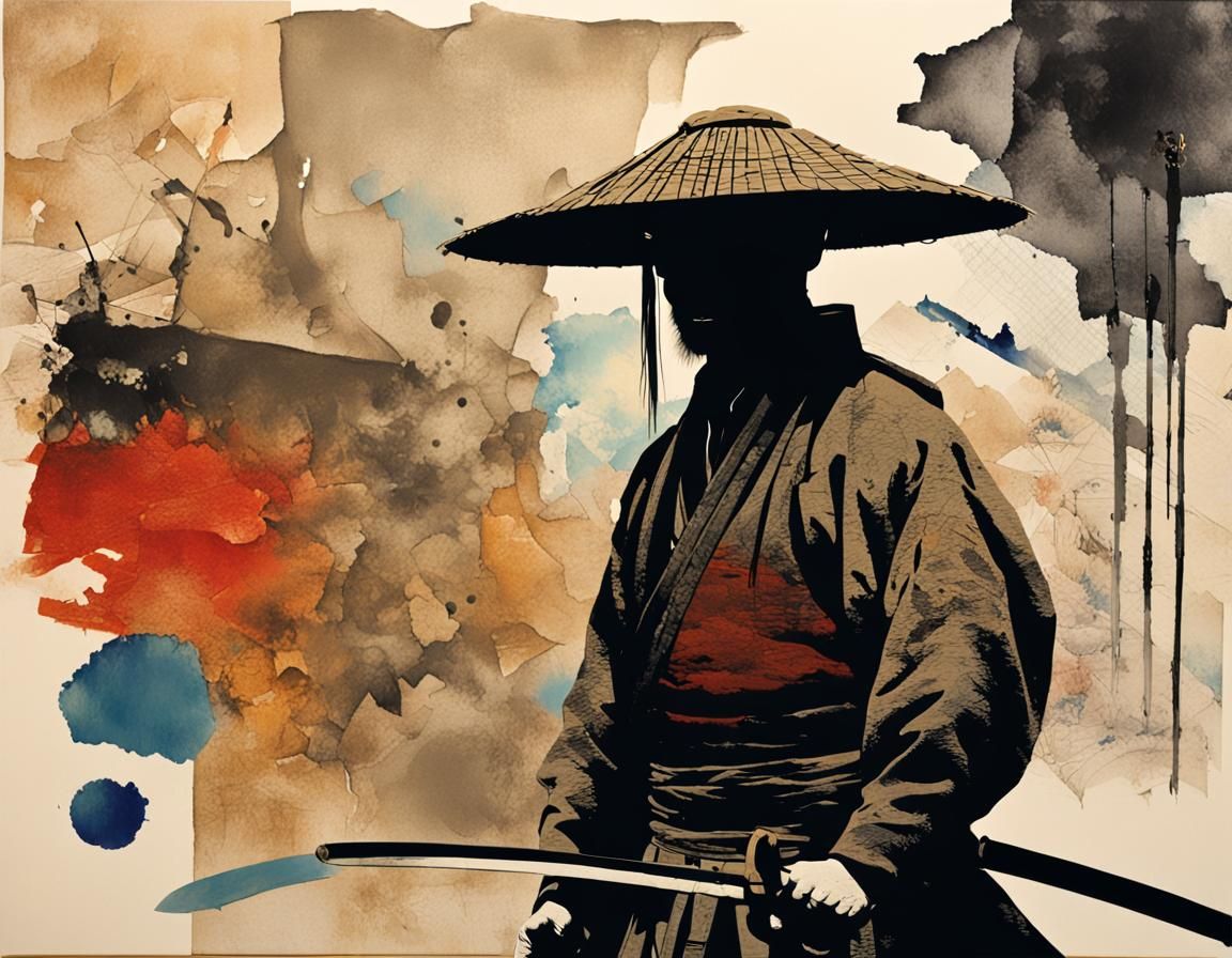 Samurai in Mixed Media Collage with Ink Wash