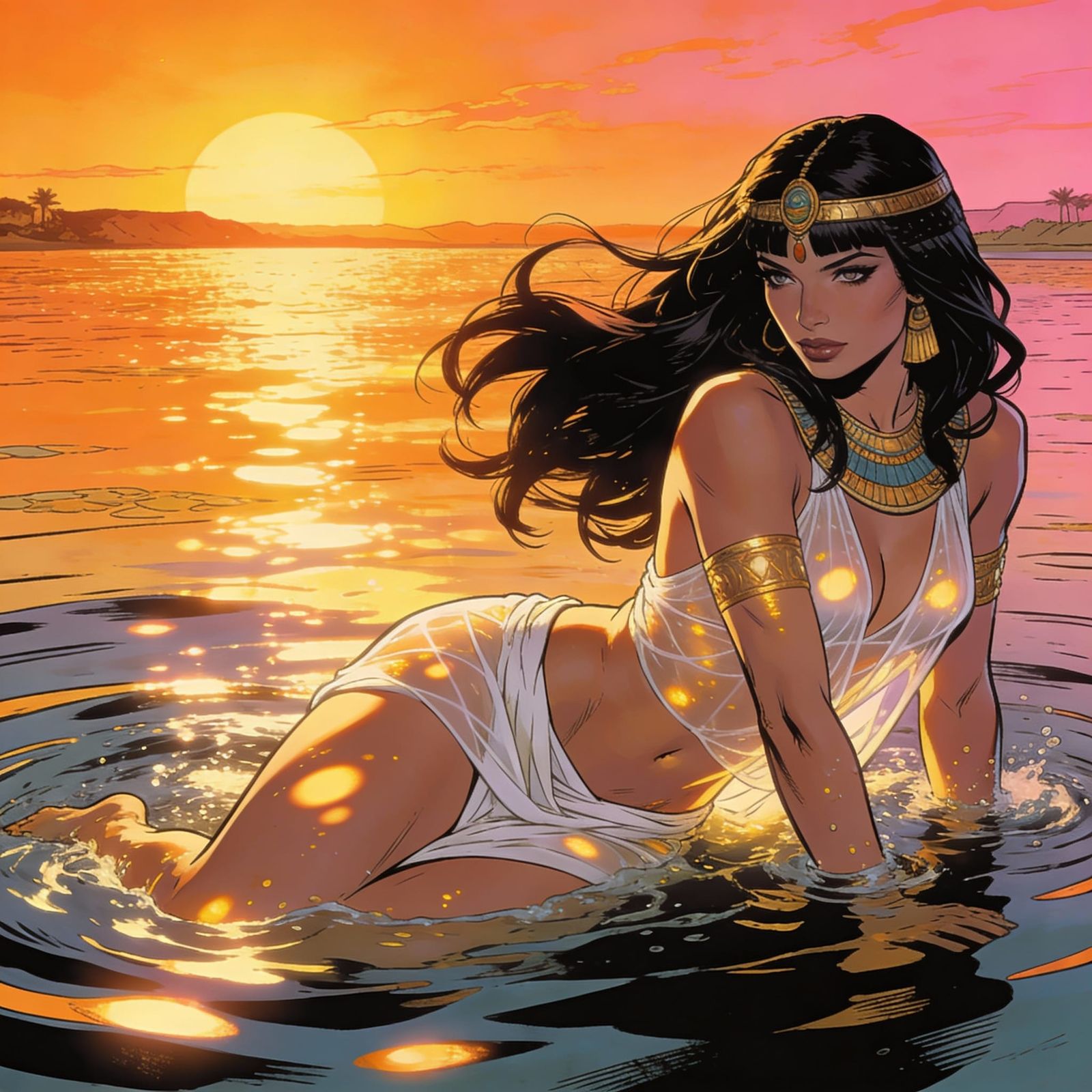 Ancient Egyptian Woman Bathes in Nile at Sunset