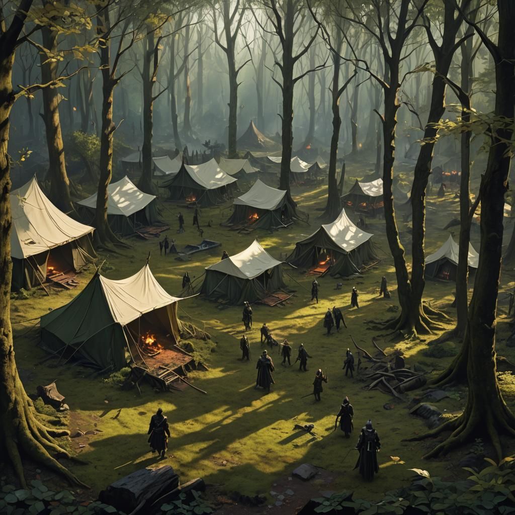 Elven Outlaw Camp in Shadow, Dark Fantasy Art