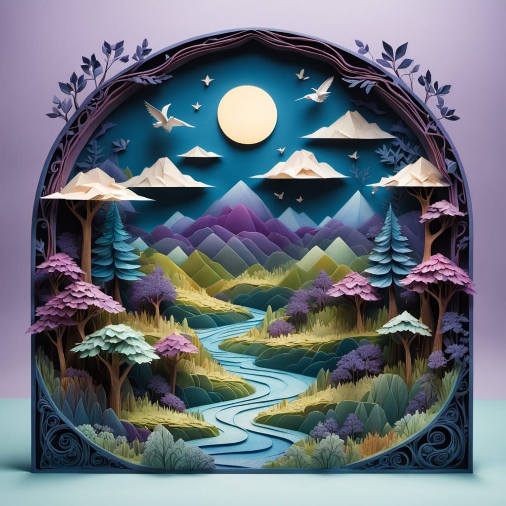 Kirigami Fantasy Landscape in Paper Art Style