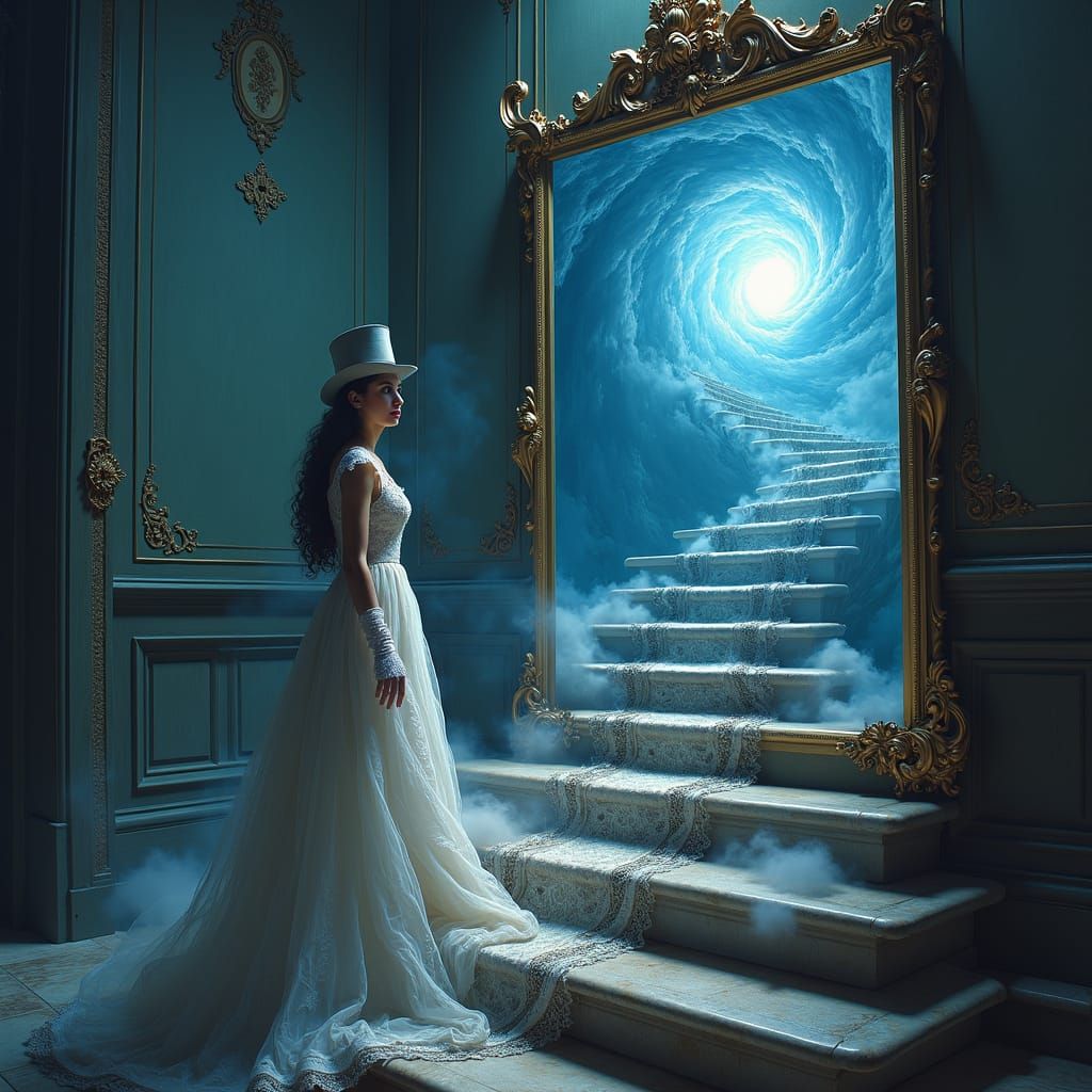 Victorian Woman's Surreal Mirror Portal