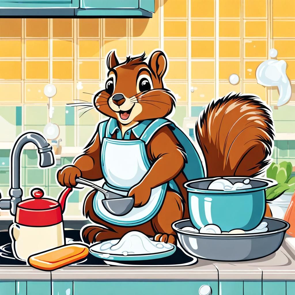 Happy Squirrel Washing Dishes in Kitchen