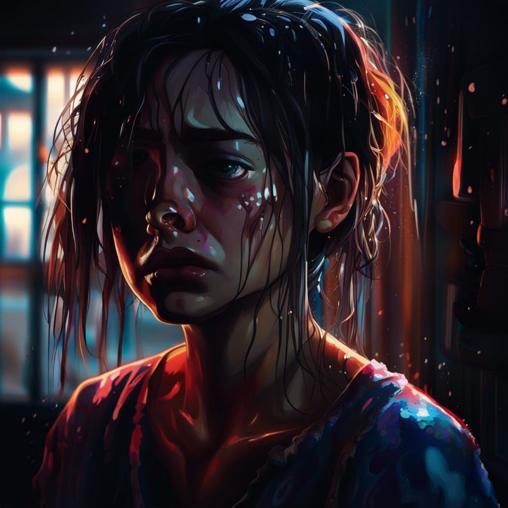 Sad Girl Crying in Dark Room: Hyperrealistic Splash Art