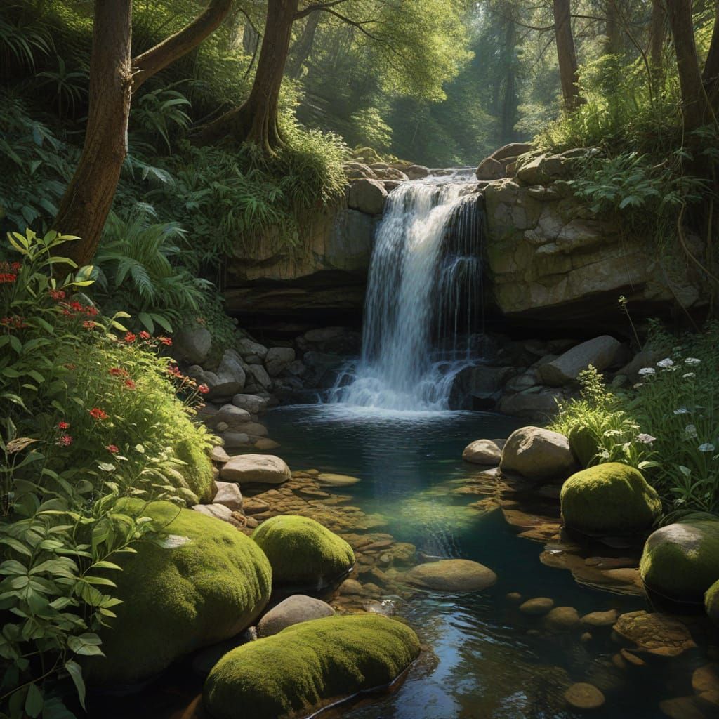 Lush Waterfall Scene in Hyperrealistic Oil Painting