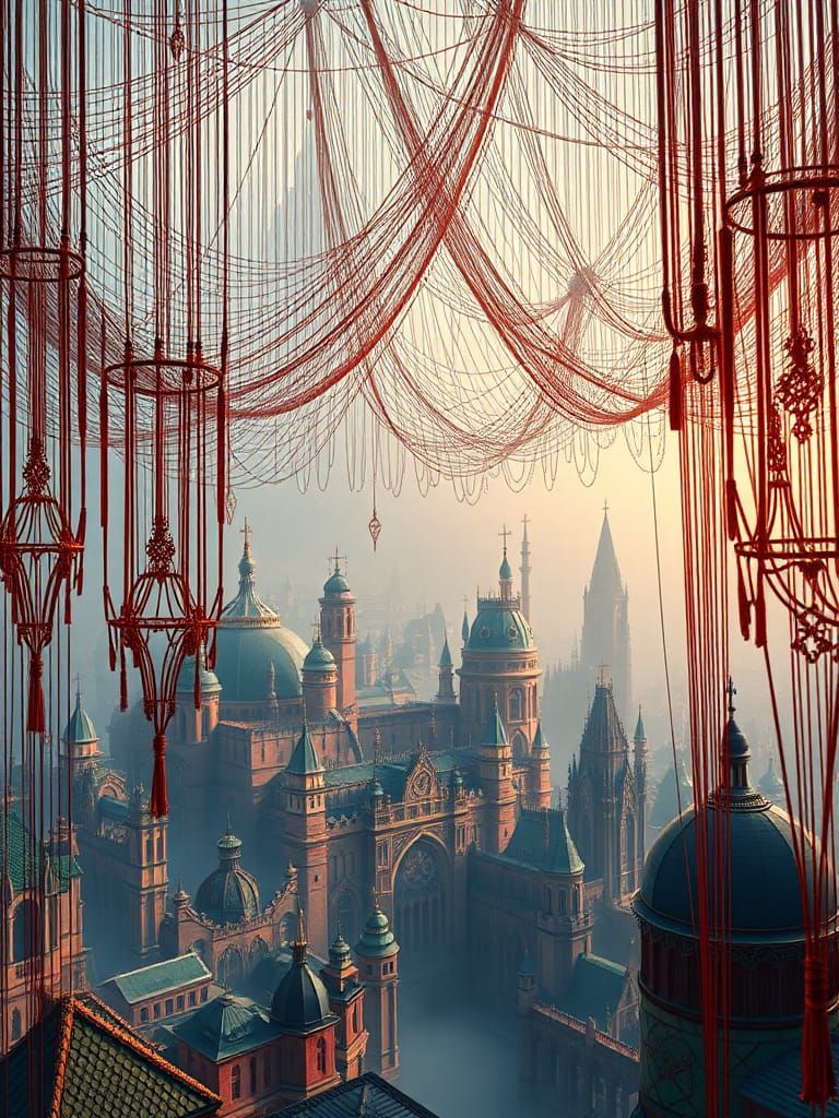 Fairytale City Macrame Installation in Matte Painting Style