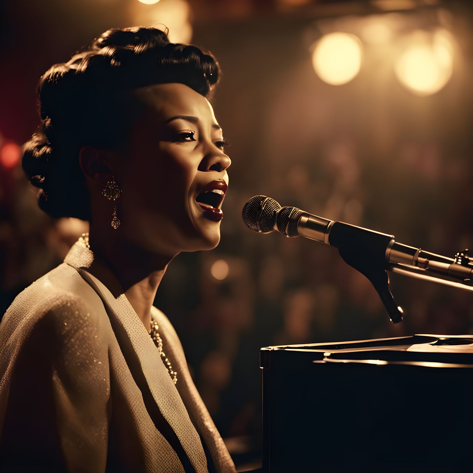 Billie Holiday Sings in Dimly Lit Bar