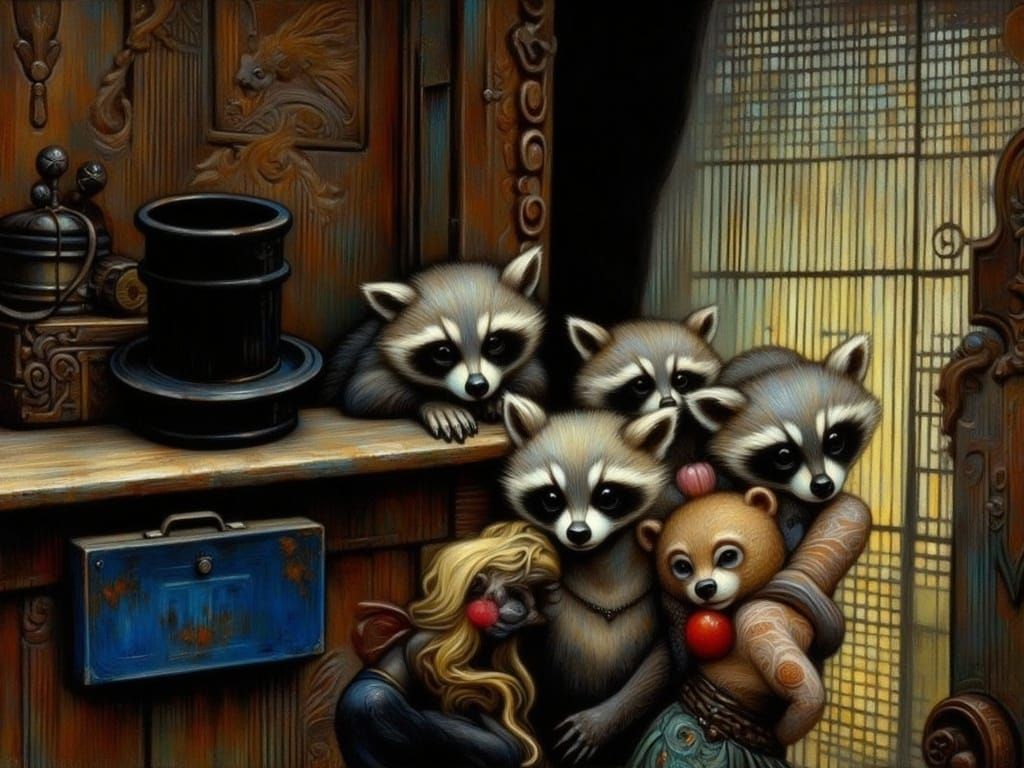 Raccoons at Screen Door in Watercolor Illustration