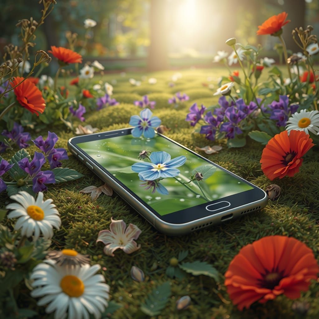 Cellphone Resting in a Vibrant Floral Garden