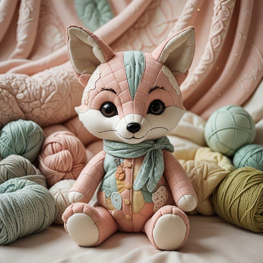 Whimsical Patchwork Plushie in a Cozy Bedroom