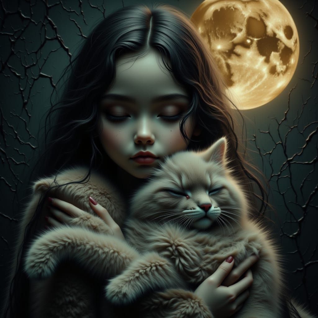 Girl Hugging Cat in Grim Dark Vaporwave Scene