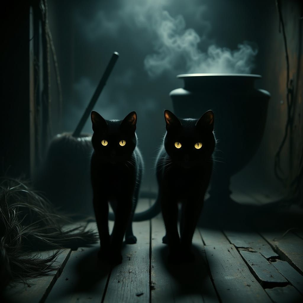 Two Black Cats With Yellow Eyes in Eerie Halloween Scene