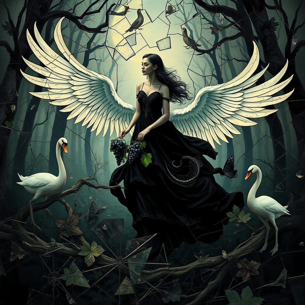 Women Soar on Swan Wings, Illuminating Dark Forest with Comm...