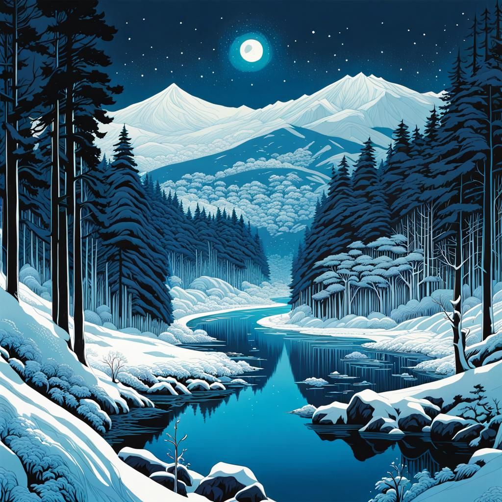 Shinhanga Style Winter Landscape with Frozen River