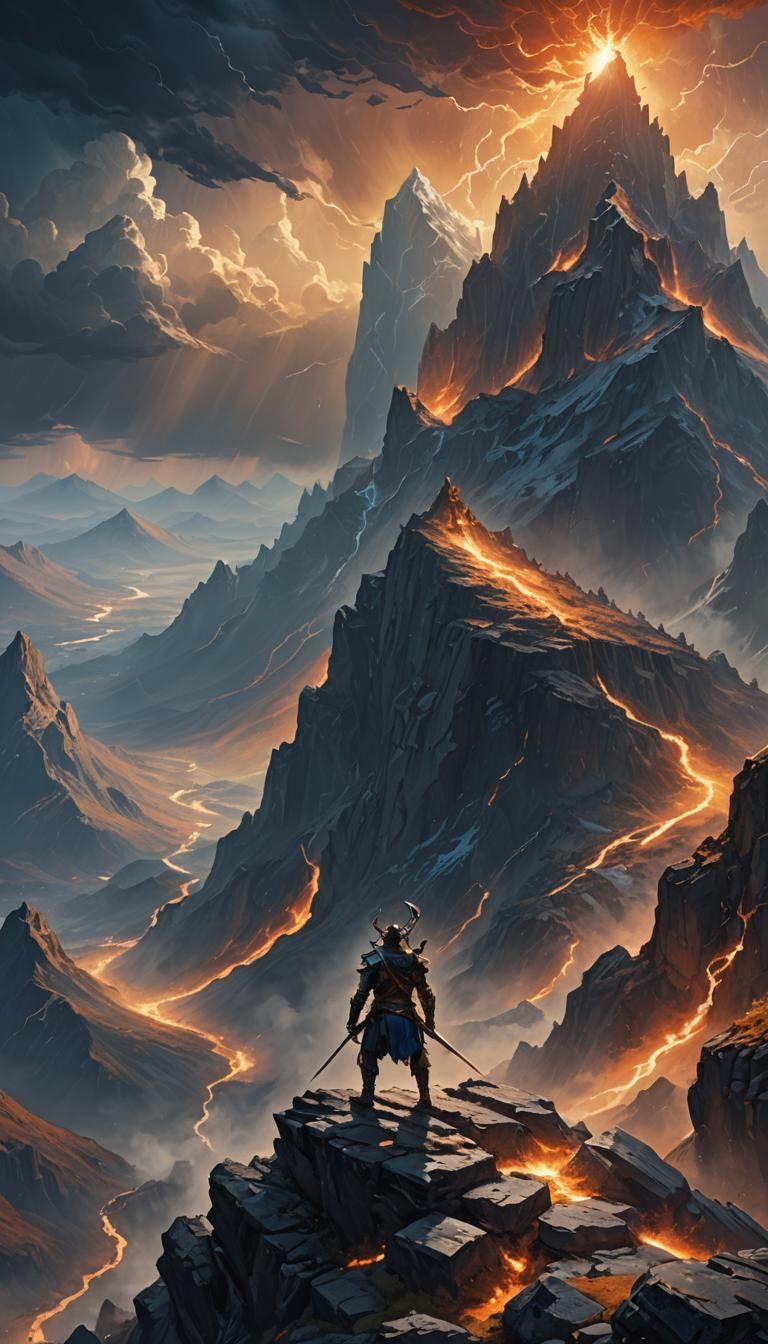 Victorious Warrior on Mystical Mountain Peak