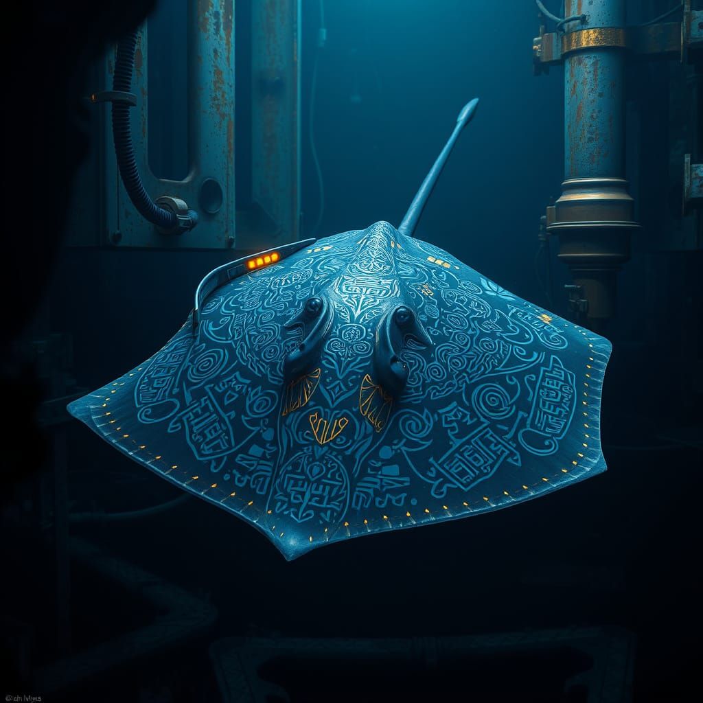 Cybernetic Whiptail Stingray in Futuristic Ocean
