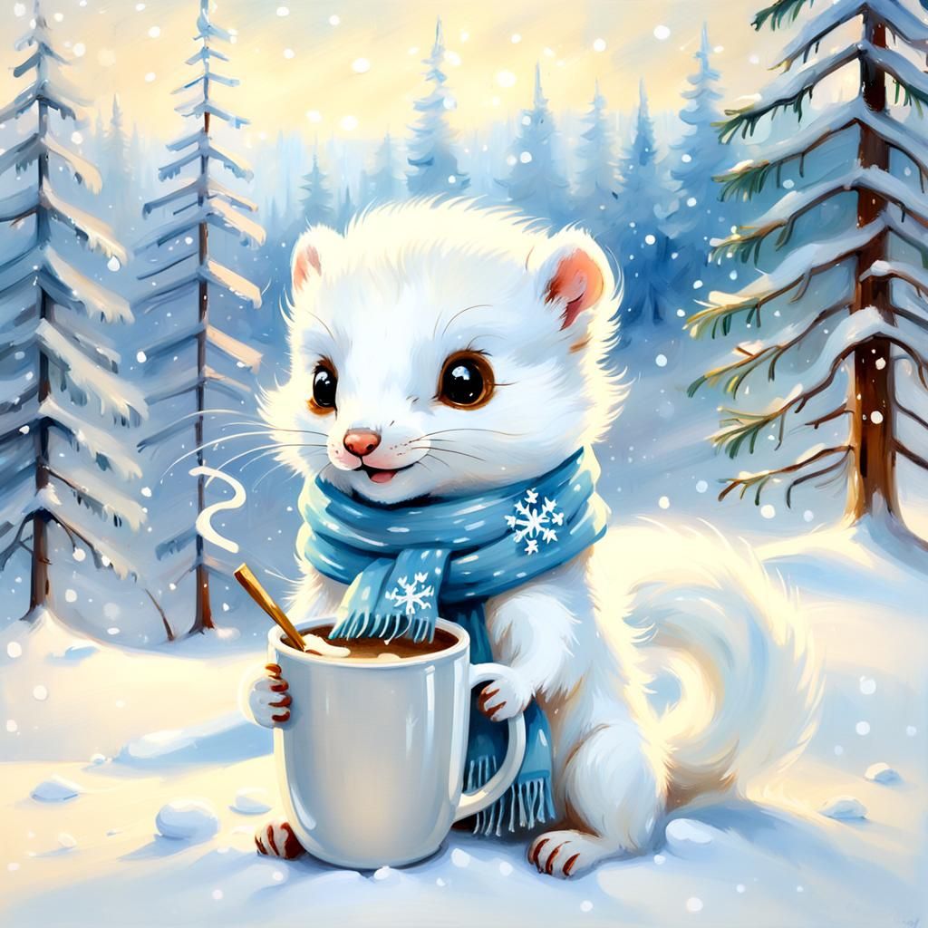 Baby Weasel Sips Hot Chocolate in Winter Wonderland