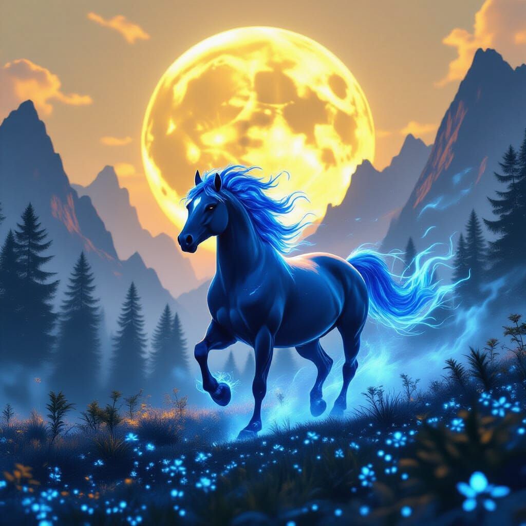 Majestic Fire Horse Gallops Through Bioluminescent Forest