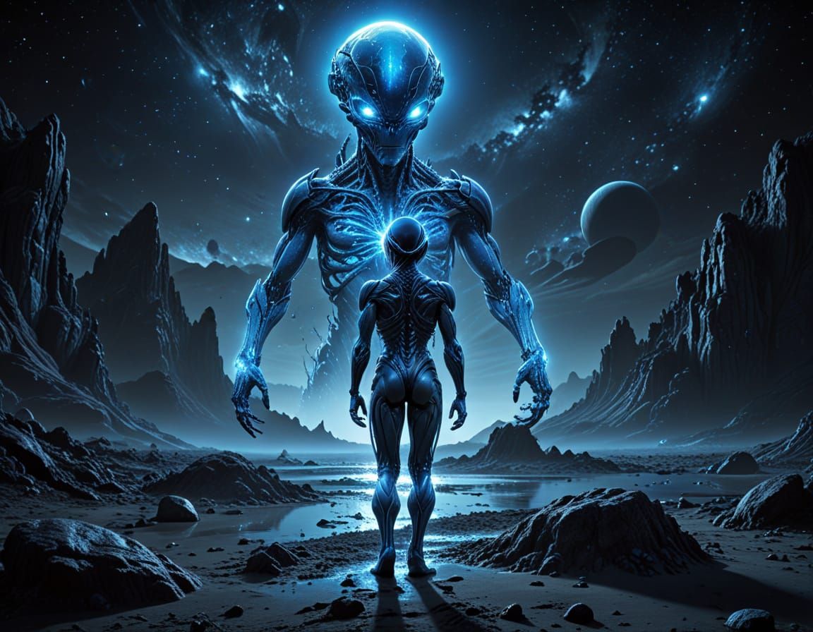 Blue Light Being on Alien Planet at Night