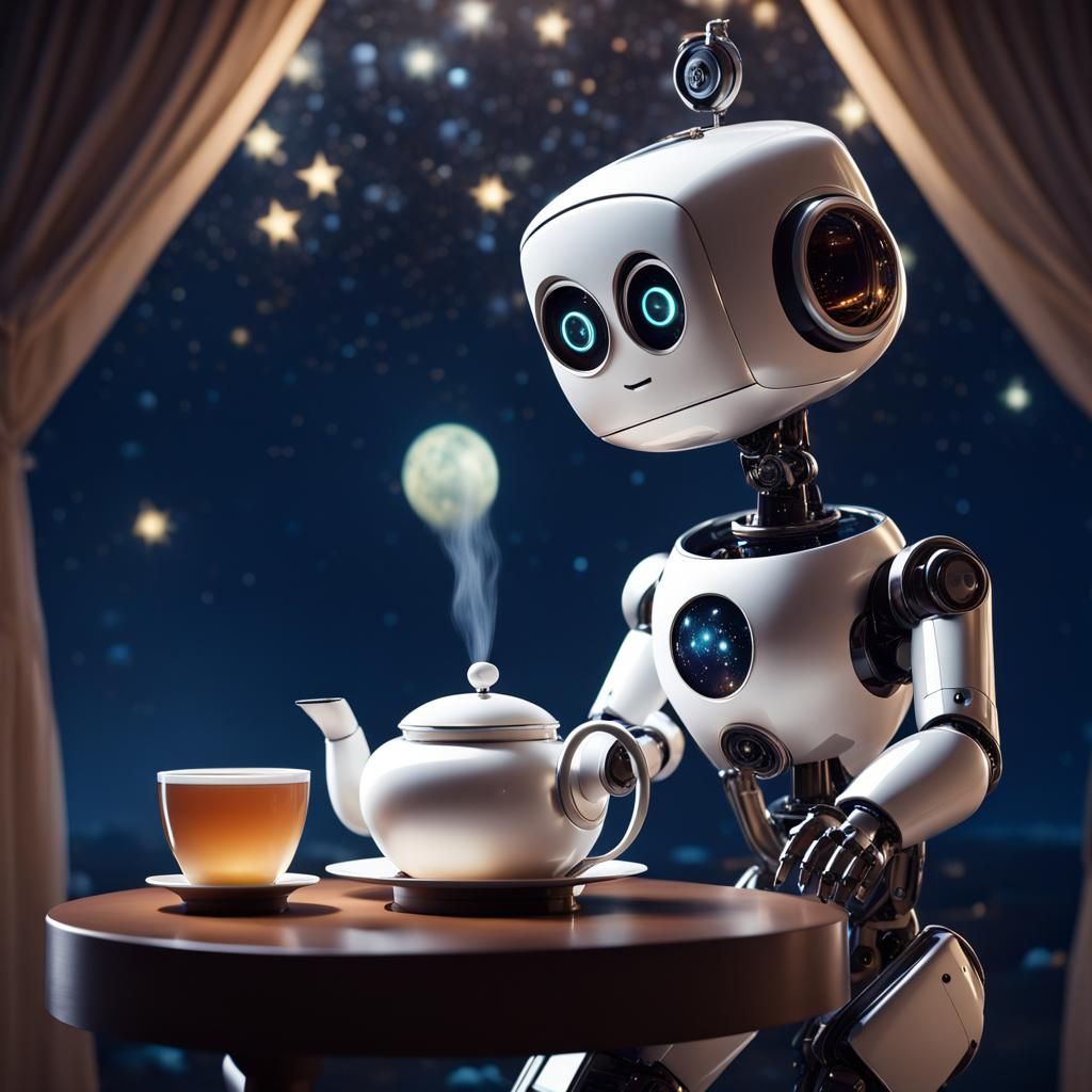 Robotic Butler Serving Tea Under Starry Night Sky