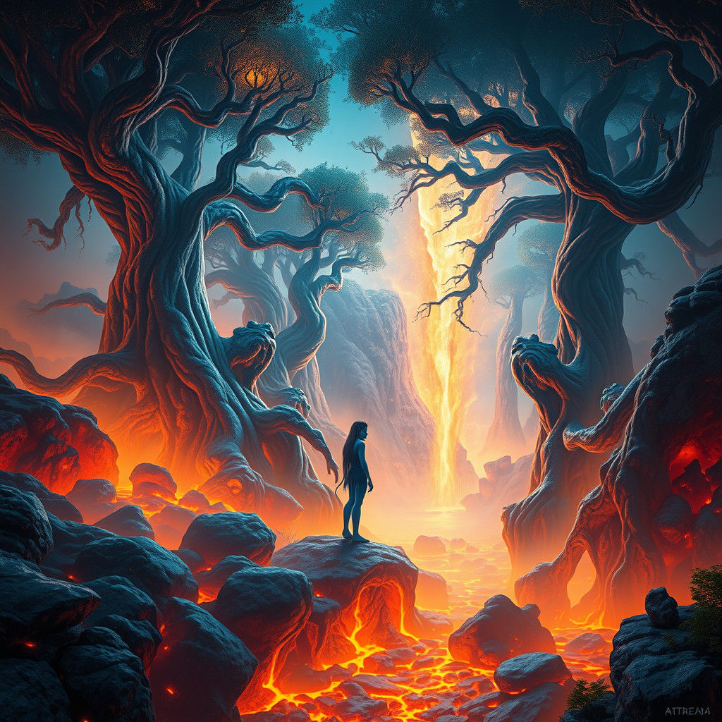 Ethereal Avatar in Surreal Volcanic Landscape