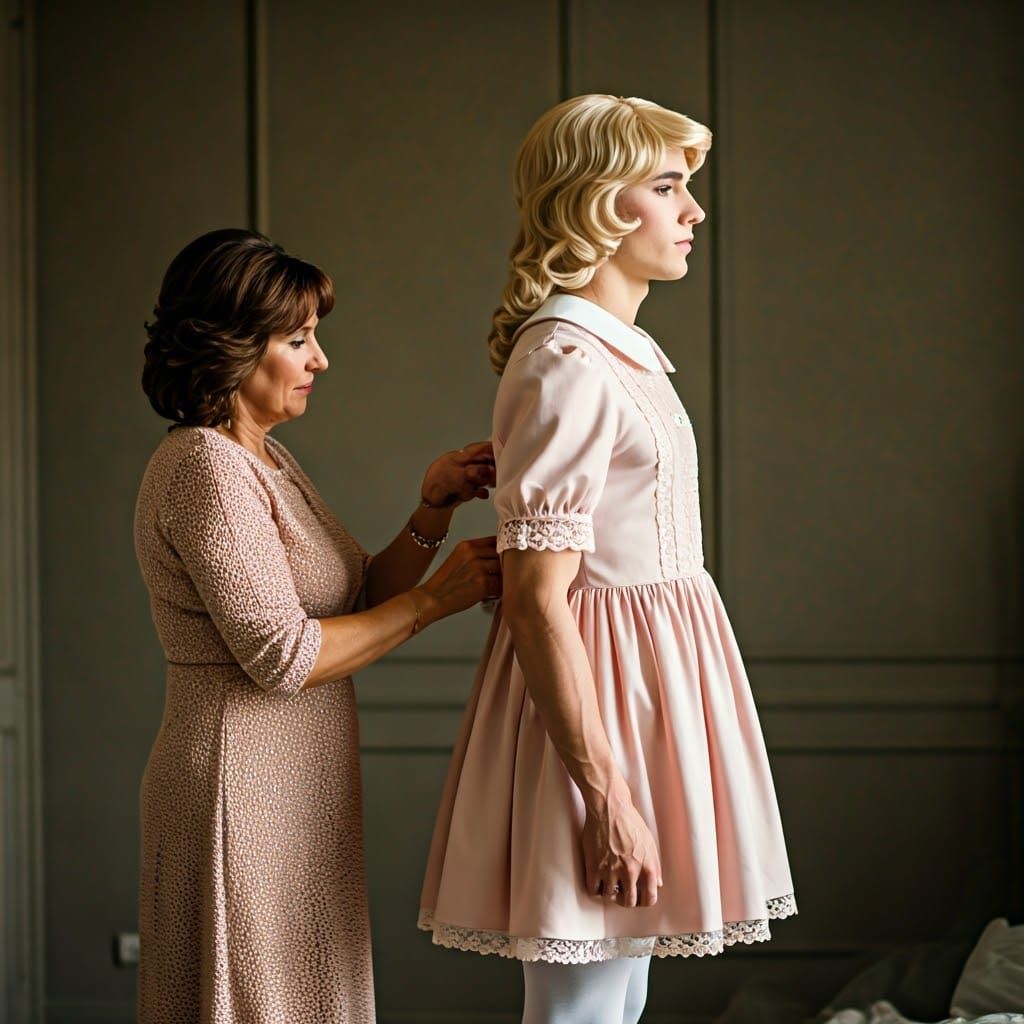 Proud Mother Helps Son Dress in Elegant Bedroom