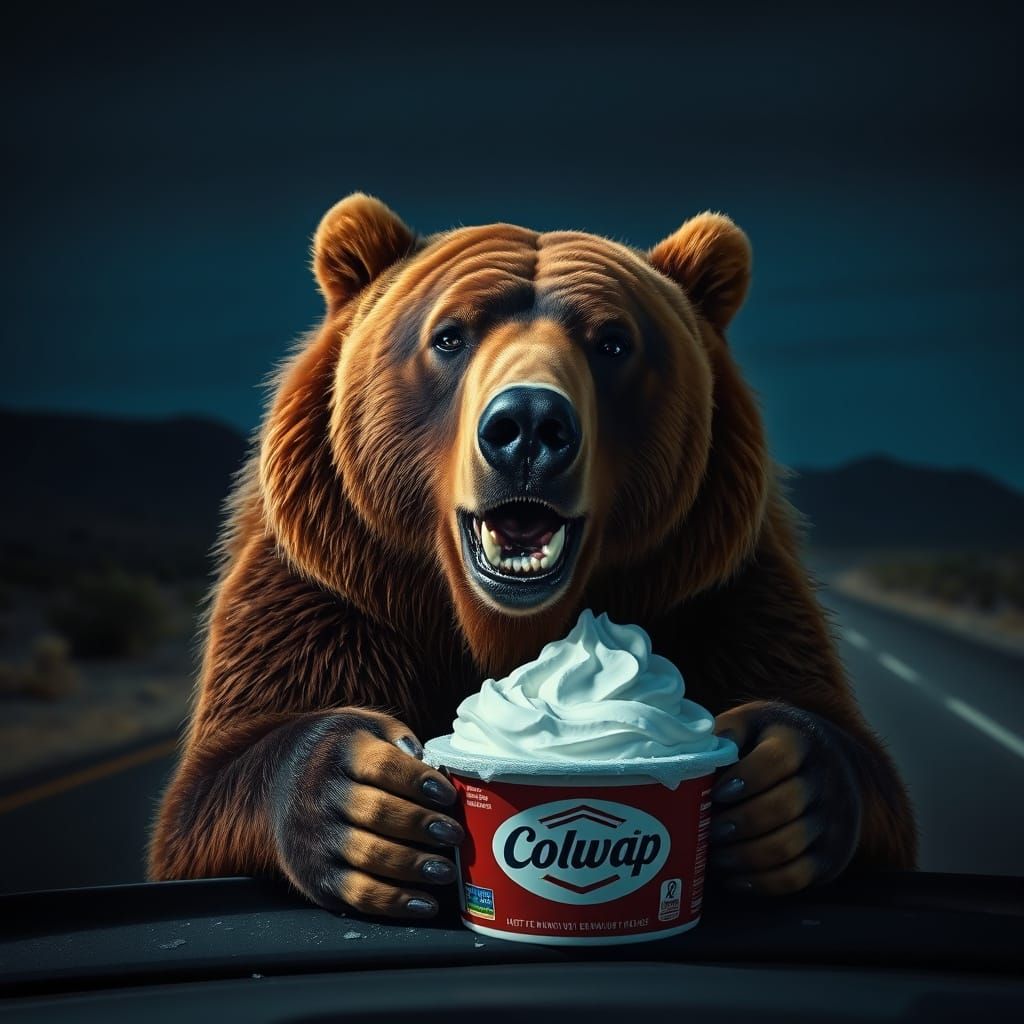 Grizzly Bear Enjoys Cool Whip on Desert Highway
