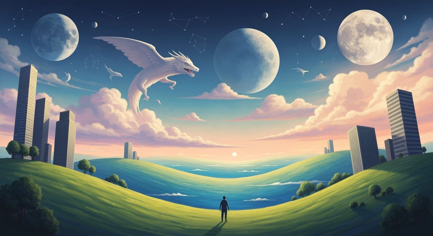 Dreamlike Figure Navigates Shifting Surreal Landscape