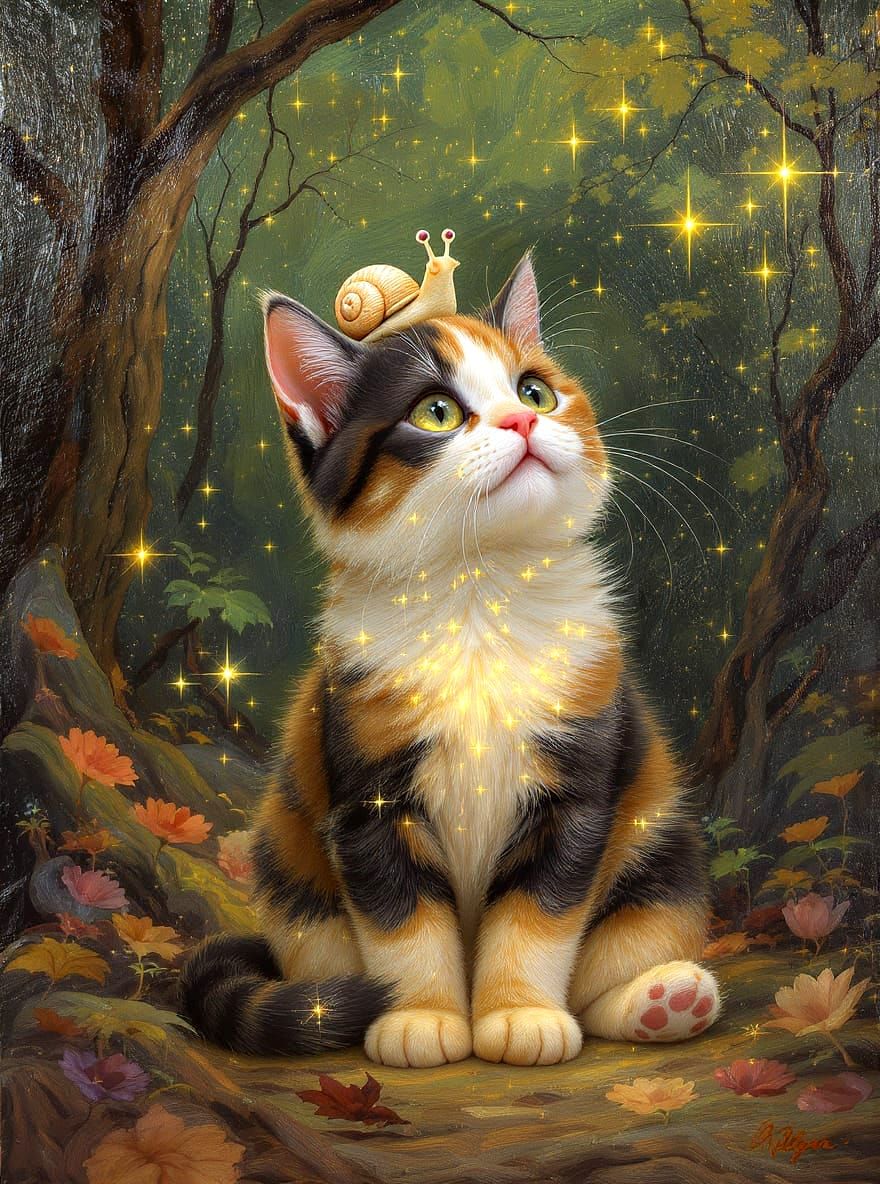 Calico Kitten and Snail in Enchanted Forest