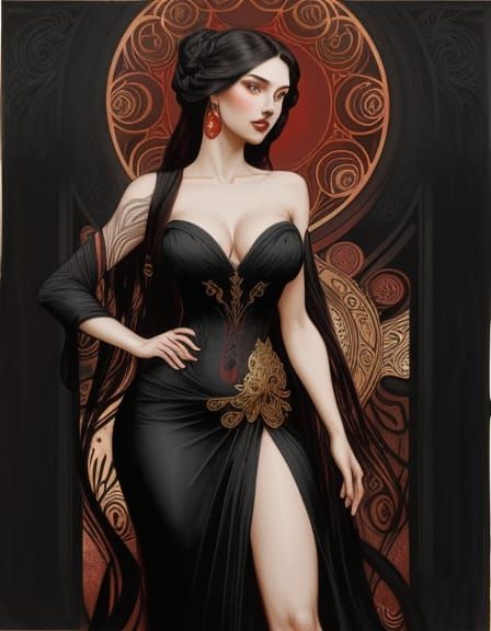 Elegant Woman in Art Nouveau Charcoal Drawing