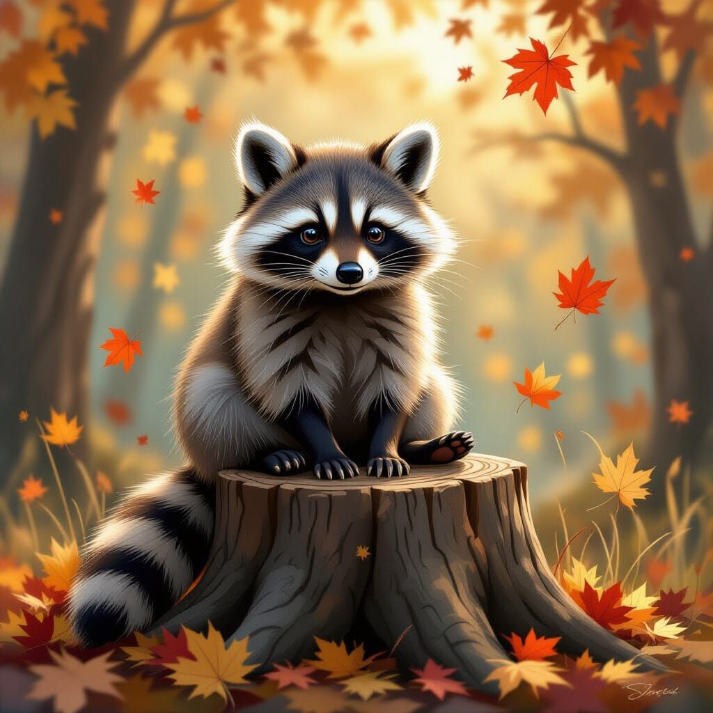 Raccoon in Autumnal Scene, Illustrated Realism Style