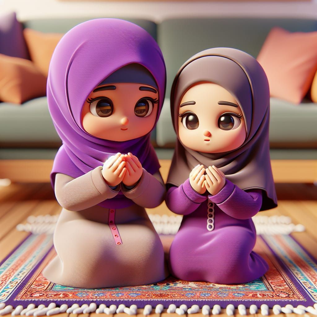 Disney Pixar style 3D adorable Muslim girl, and her Mother, wearing a purple hijab, sitting on the floor on a Persian st...