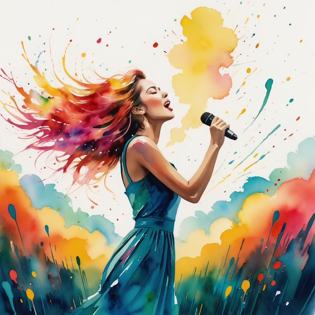 Expressive Abstract Portrait of Singing Woman as Watercolor