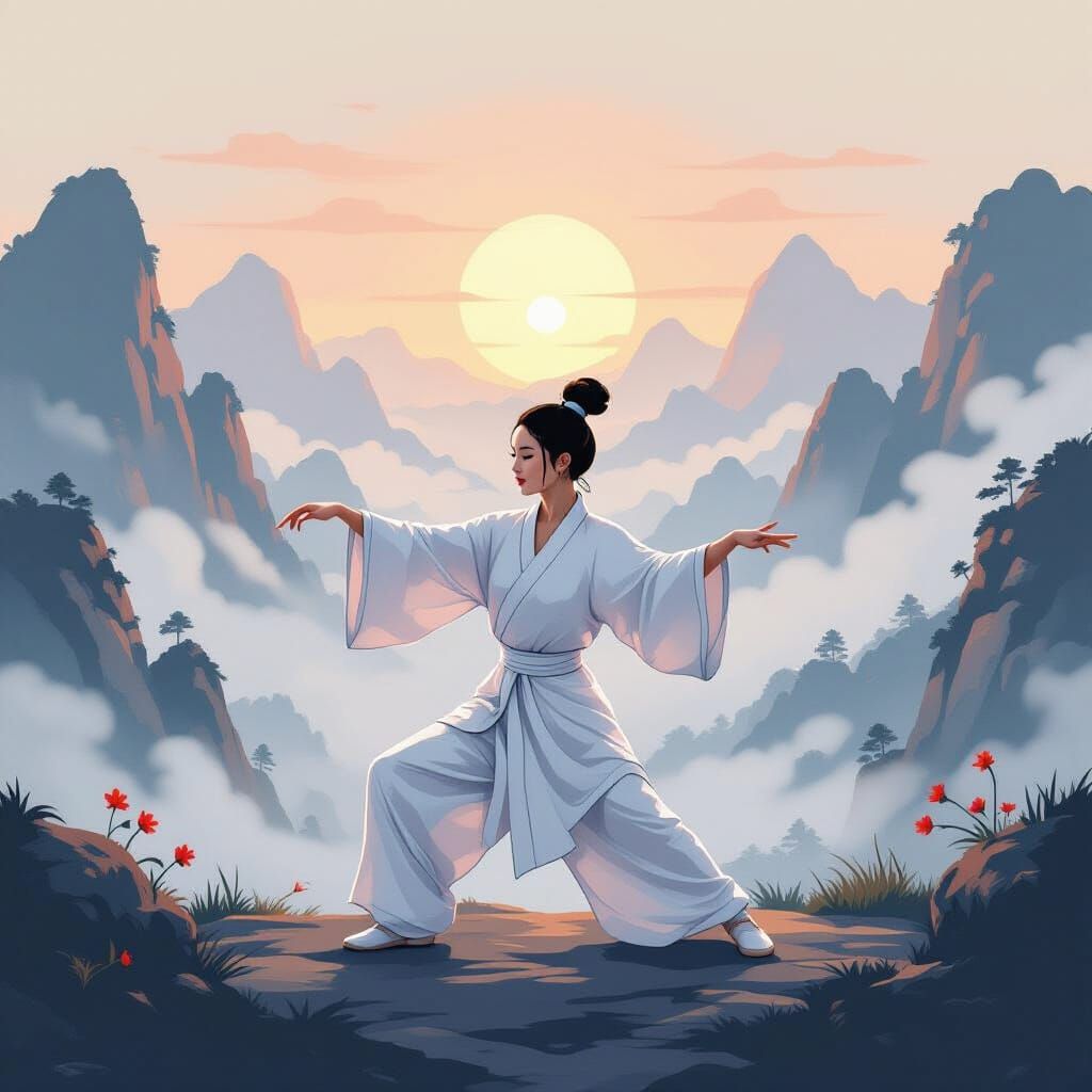 Tai Chi Master in Misty Mountain Landscape