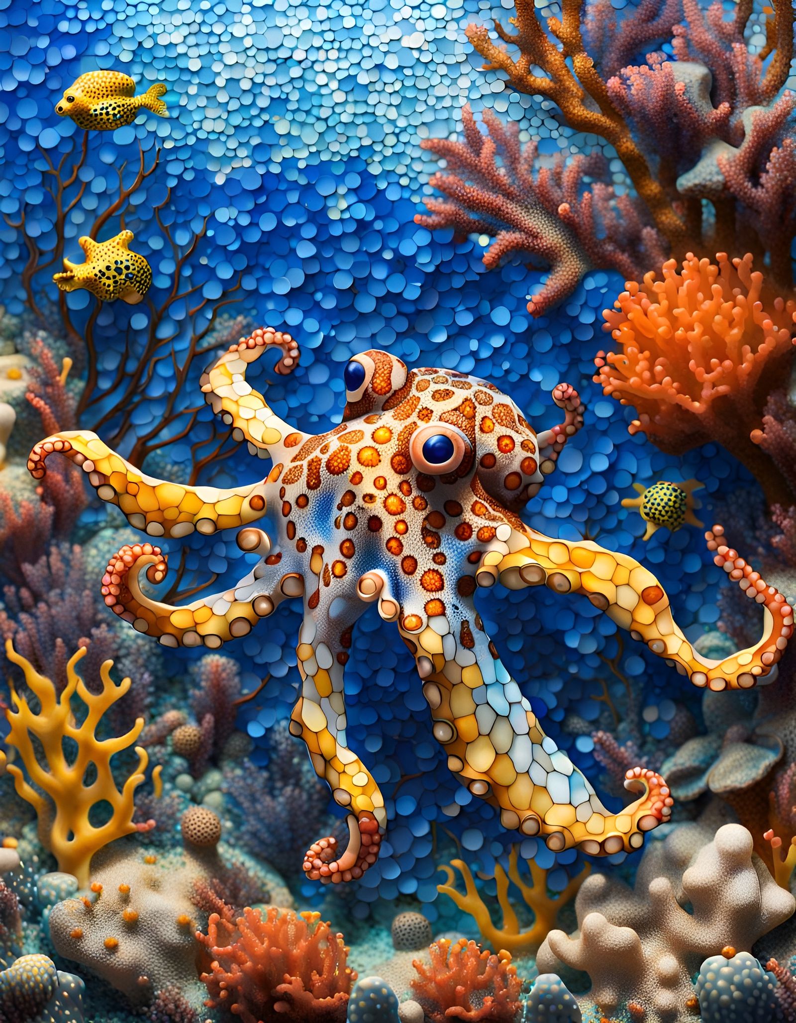 Blue-Ringed Octopus in Coral Reef Mosaic