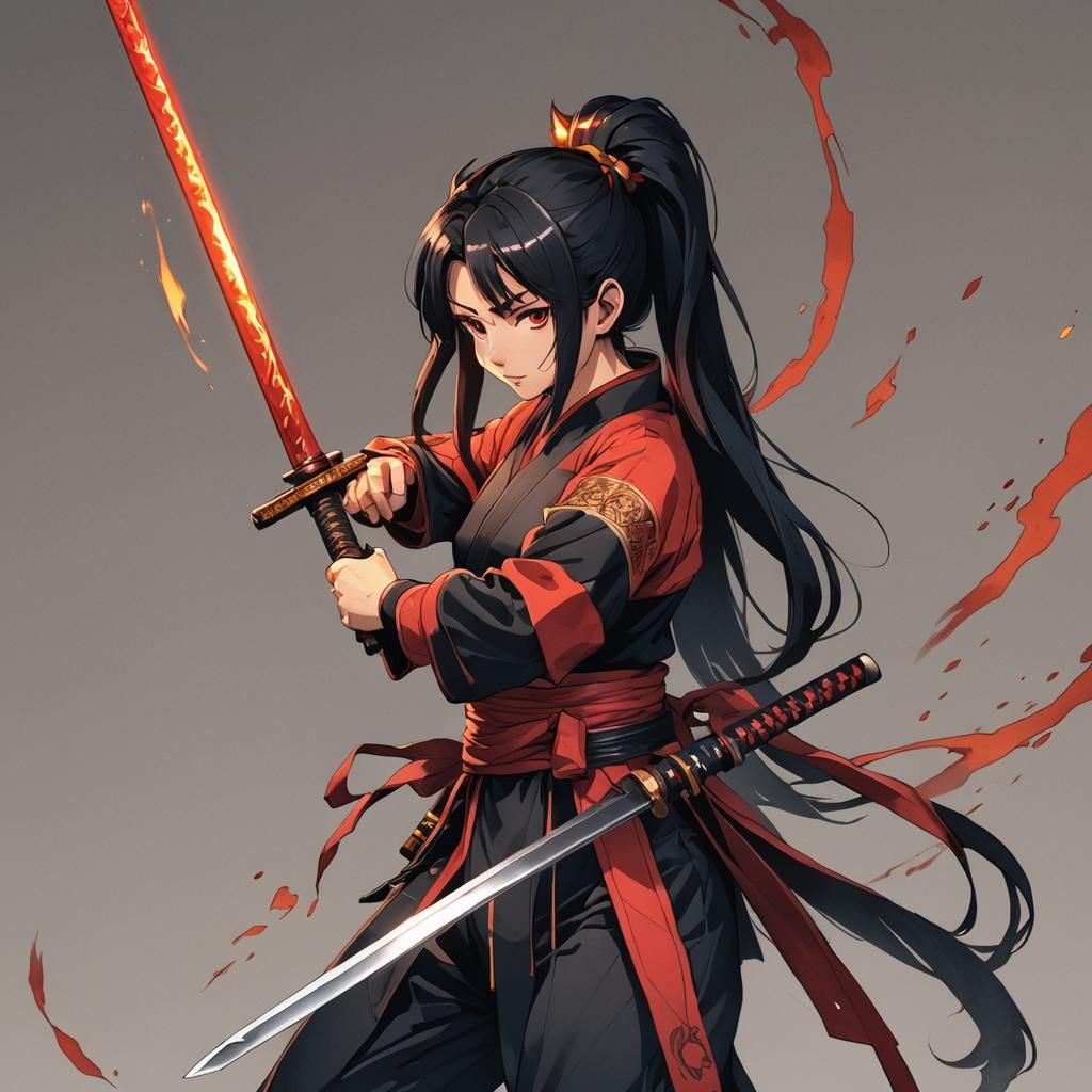 Anime Girl Samurai with Fiery Katana in Manga Style