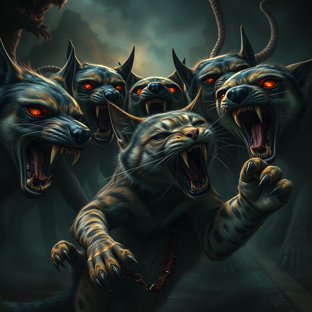 Feral Dogs Attack Cat in Gothic Horror Style