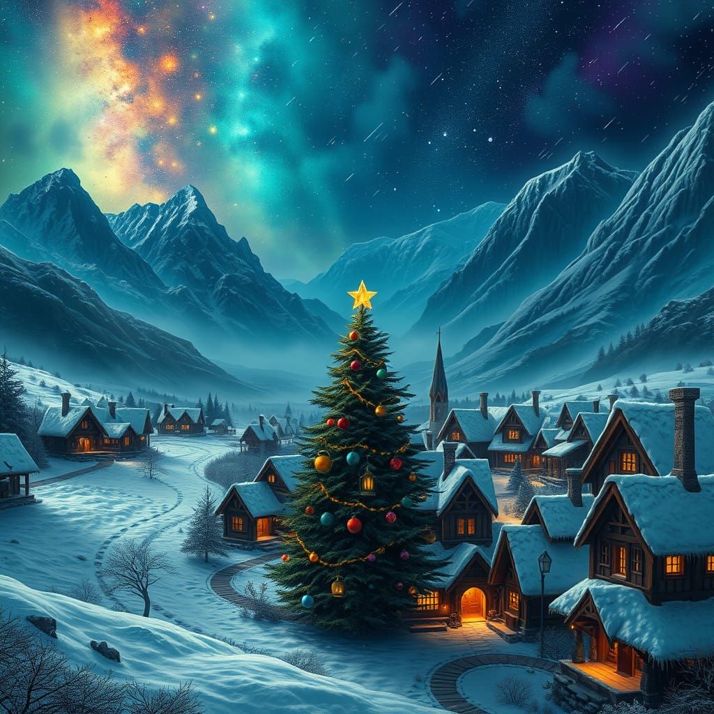 Fantasy Christmas Village under Vibrant Northern Lights