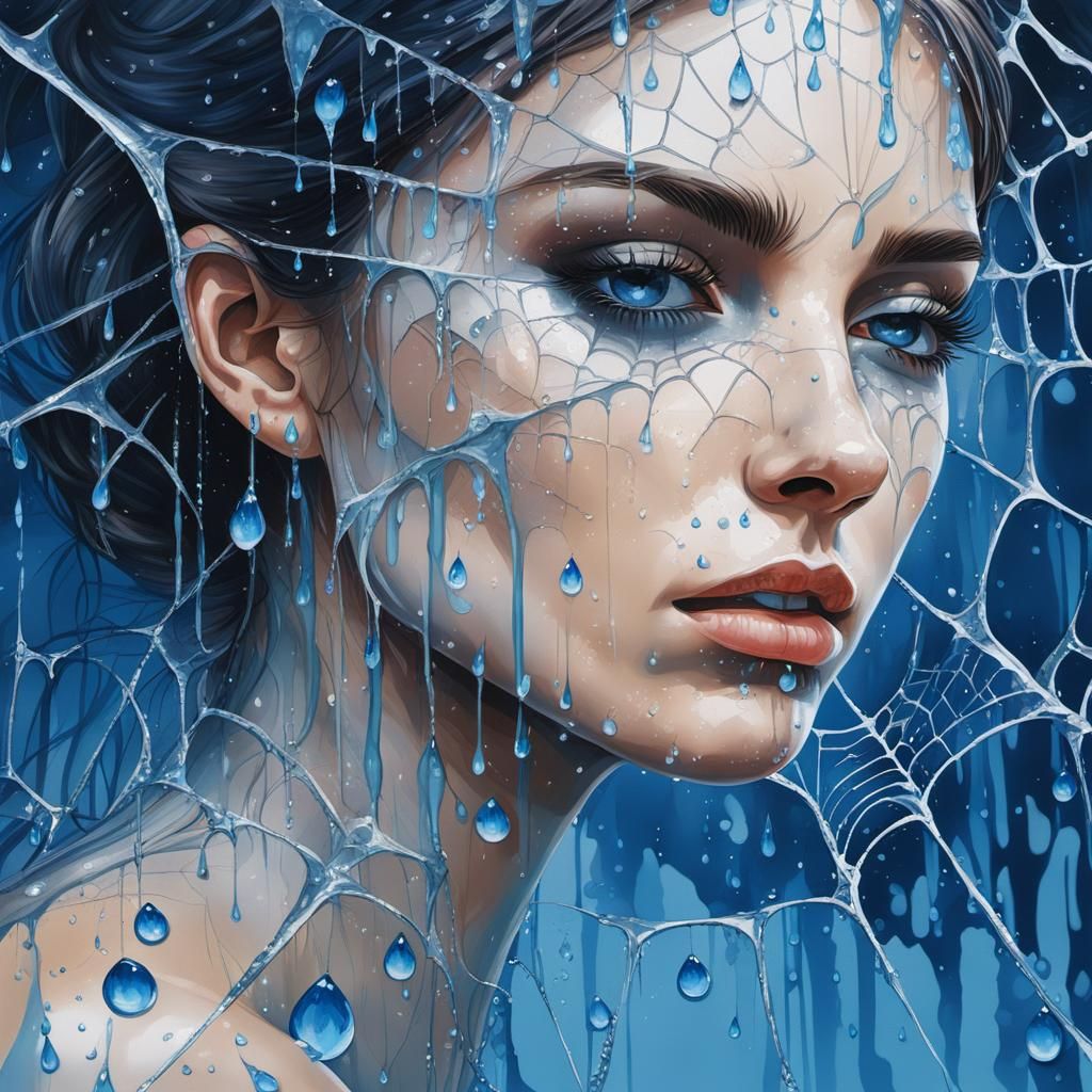 Woman's Face Hidden by Dew-Covered Spiderweb