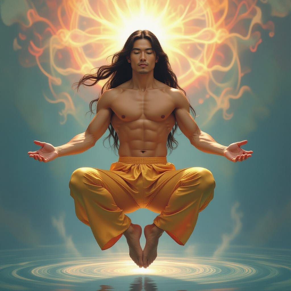 Ethereal Asian Man Levitating in Psychedelic Dreamscape