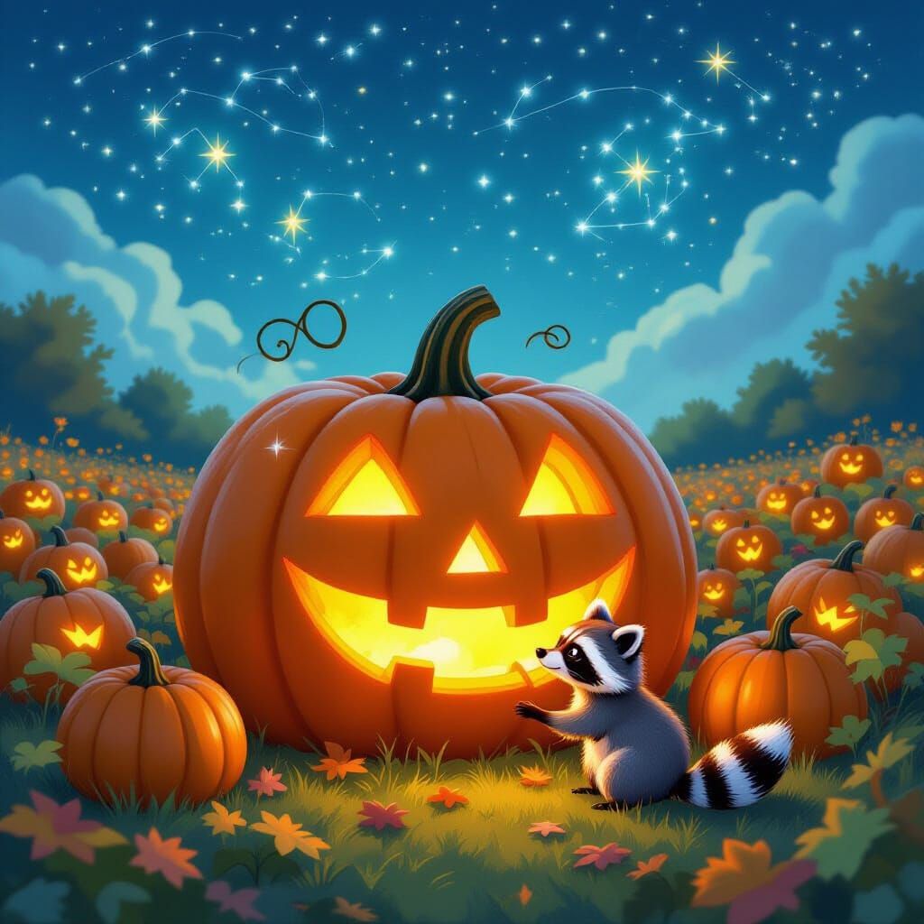 Sentient Pumpkin Patch Under Swirling Constellations